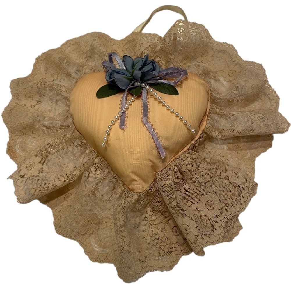 Heart Pillow Peach Shabby Chic Lace Ring Bearer Wedding Cottage Core Victorian